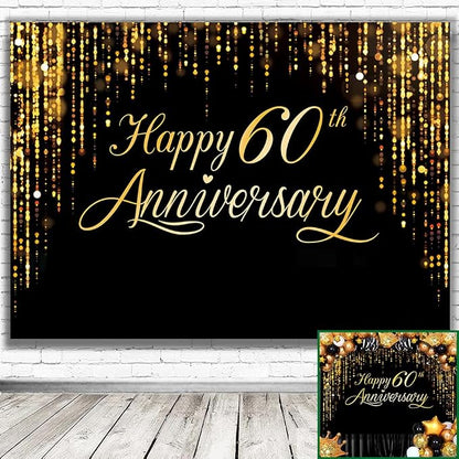 Happy 60th Annverisary Background Decorations Black Gold Backdrop Banner - Image 3