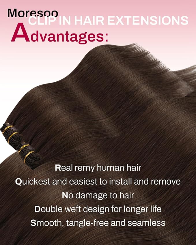 Moresoo Brown Clip in Hair Extensions Remy Straight Double Weft Real Hair Extensions Clip in Human Hair Medium Brown #4 Full Head Set 7pcs 120Gram 18 Inch