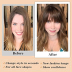 NAYOO Bangs Hair Clip - Light Brown Fake Bangs 100% Real Human Hair Extensions French Bangs for Women Fringe with Temples Hairpieces Curved Bangs for Daily Wear(Light Brown, French Bangs)