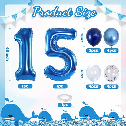 15th Birthday Balloon for Boys, Foil 40 Inch Self Inflating Number 15 Metallic - Image 2