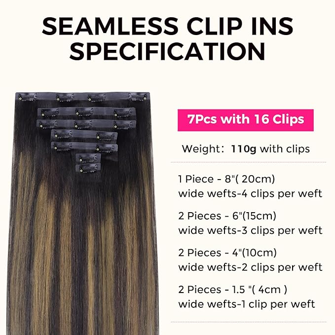 Lashey Seamless Hair Extensions Clip ins Staright 110g Natural Black Mixed Chestnut Brown 14 Inch 7pcs PU Weft Clip in Hair Extensions Real Human Hair with Invisi Edge for Black Women