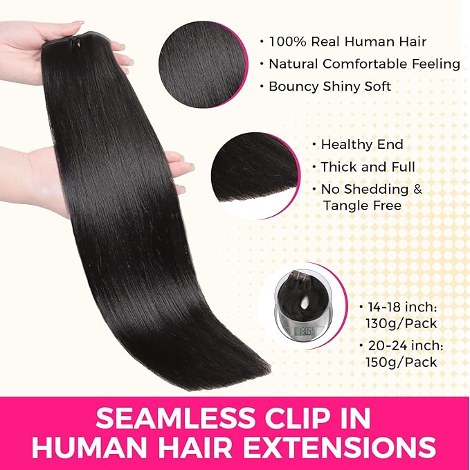 Lashey Clip in Hair Extensions 150g 9pcs Light Yaki Straight Seamless Clip in Human Hair Extensions Natural Black 20 Inch Hair Extensions for Women