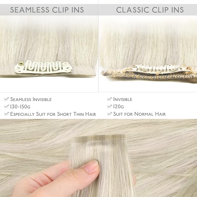 WENNALIFE Seamless Clip In Hair Extensions Human Hair, 12 Inch 80g 7pcs Ash Blonde Highlighted Platinum Blonde Real Hair Extensions Invisible PU Skin Weft Natural Remy Human Hair