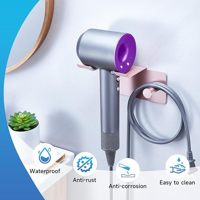 Hair Dryer Holder Wall Mounted, Blow Dryer Holder Adhesive, Metal Hairdryer Holder for Bathroom, Hair Tool Organizer with Plug&Cord for Cabinet Bathroom Bedroom Barber Shops