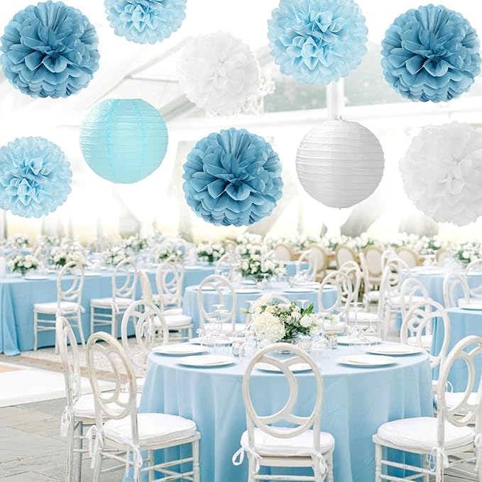Dusty-Blue White Party-Decorations Paper-Flowers Lanterns - Image 4