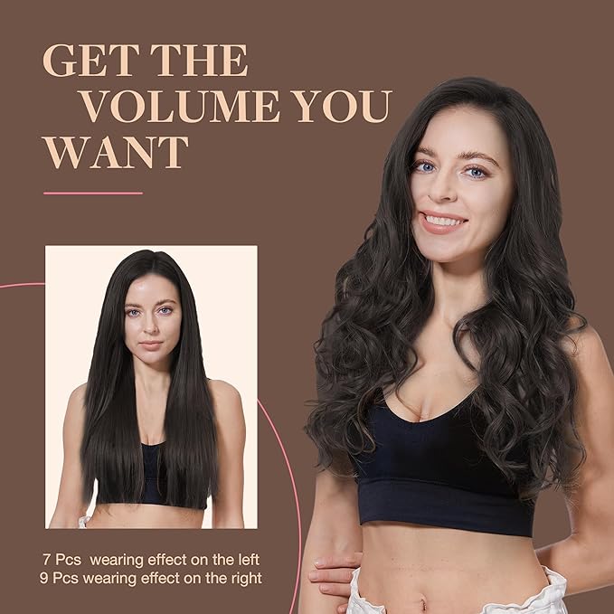 GOO GOO Clip in Hair Extensions Real Human Hair, Remy Human Hair Extensions Clip ins for Women, Natural Human Hair, 16inch 150g 9Pcs, 2 Dark Brown