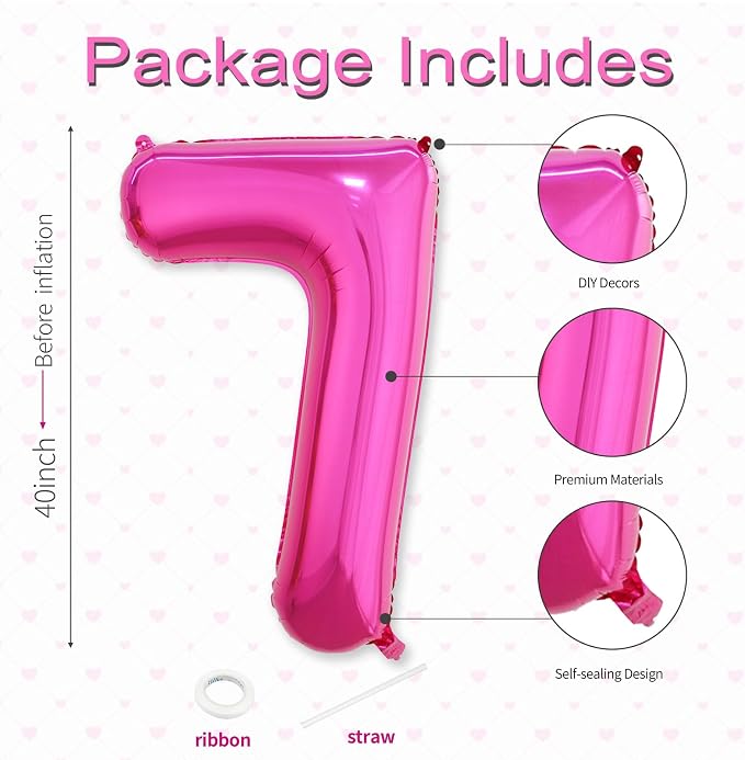 40 Inch Hot Pink Number 7 Balloon, Giant Number Balloons, Birthday Decor | - Image 3