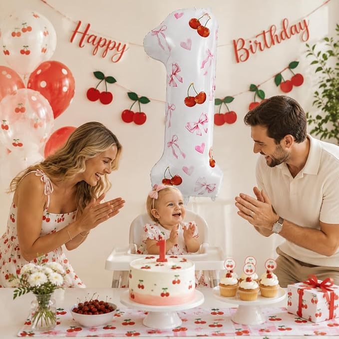1st Birthday Cherry Balloon, 40 Inch Number 1 DIY Pink Party Decor | Cherry - Image 5