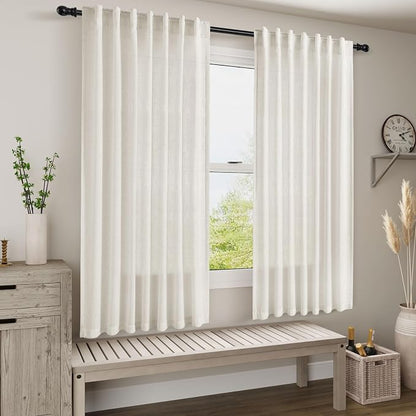 Neutral Semi Sheer Cream Linen Curtains 64 Inch Length 2 Panel Set Soft Airy - Image 7