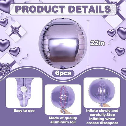 6Pcs Purple Round Foil Balloons, Giant 4D Round Ball Balloon, 22 Inch Metallic - Image 2