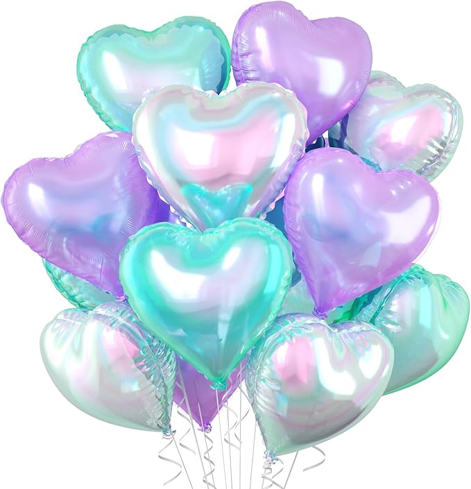 Iridescent Heart Balloons, 18 Inch Transparent Gradient Blue Purple Foil by BIAPIAN
