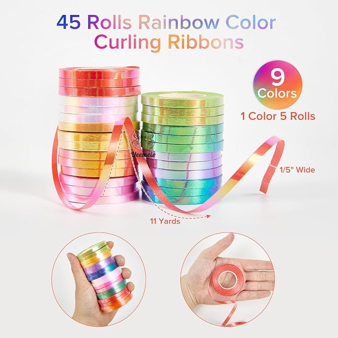 45 Rolls 9 Rainbow Colors Curling Ribbon Balloon Curling Ribbons Set, 3/16 Inch - Image 2