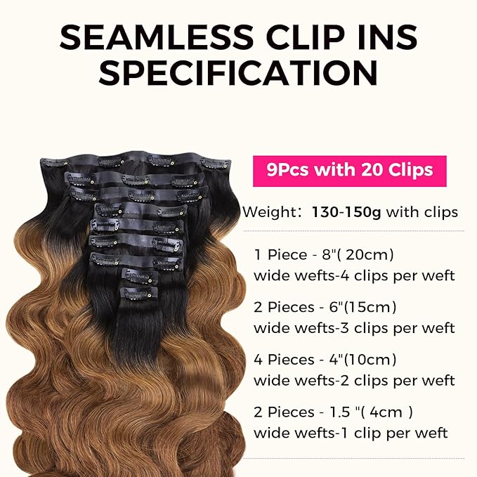 Lashey Seamless Clip in Hair Extensions Human Hair 130g 9pcs 18 Inch Body Wave Ombre Natural Black to Medium Auburn Clip in Hair Extensions for Women
