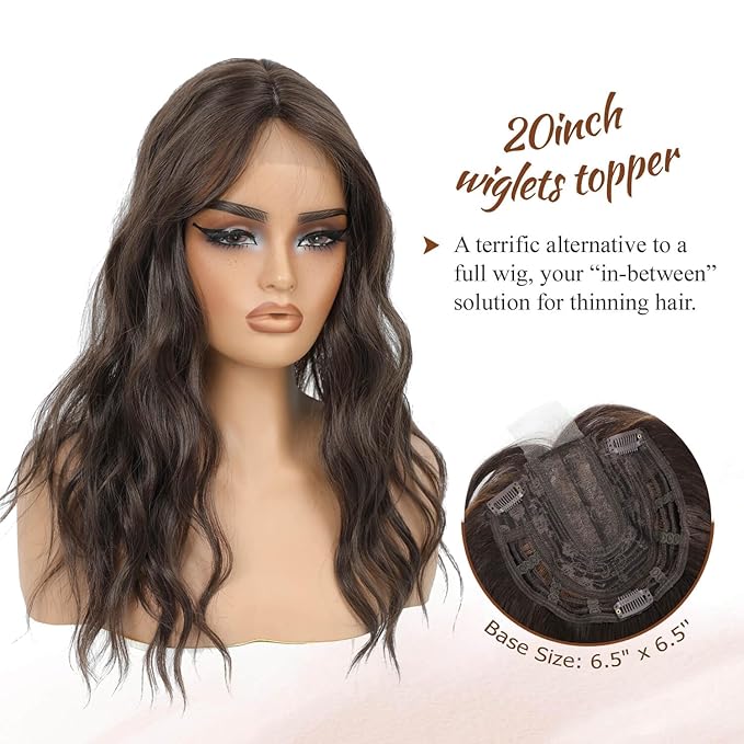MORICHY Hair Toppers for Women Clip in Hair Topper with Bangs 20inch Coffee Brown Long Wavy Curly Synthetic HairPieces for Women