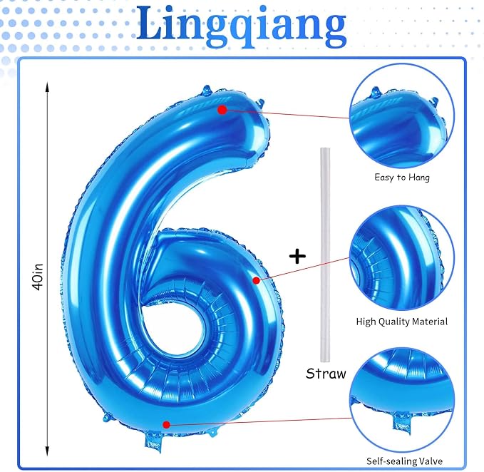 40 Inch Blue Large Numbers Balloons 0-9, Self Inflating Foil Number 6 Helium - Image 2