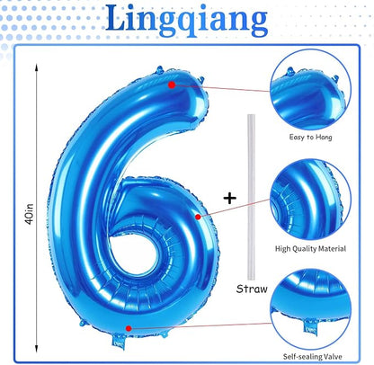 40 Inch Blue Large Numbers Balloons 0-9, Self Inflating Foil Number 6 Helium - Image 2