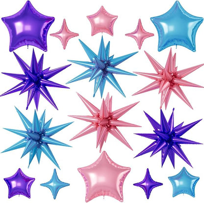 Pink Purple Blue Star Balloons, 22/18/10 Inch Foil Balloons, Four-Pointed by Sowide