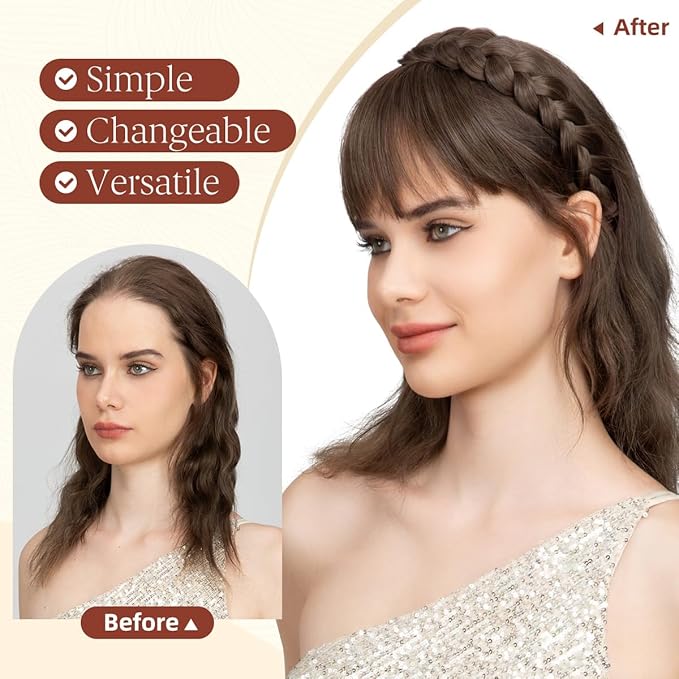 SARLA Braided Headband with 3 Detachable Clip in Bangs Fringe Hairpieces Fake Synthetic Hair Band Bangs for Women White