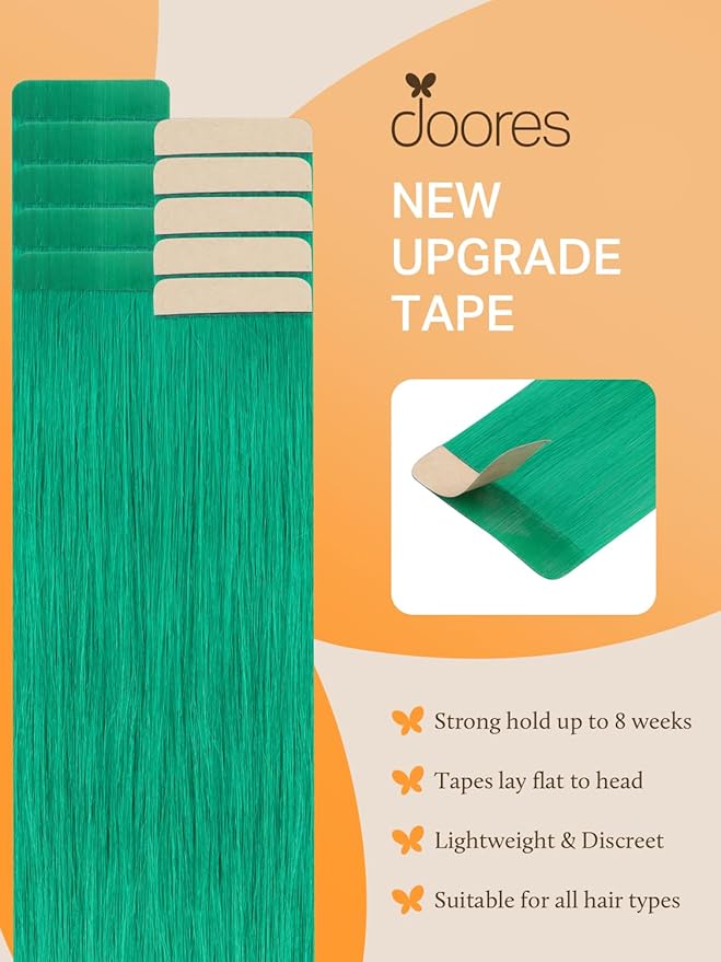 DOORES Human Hair Extensions, Green Tape in Hair Extensions 10pcs 22 Inch 30g, Straight Skin Weft Seamless Invisible Tape