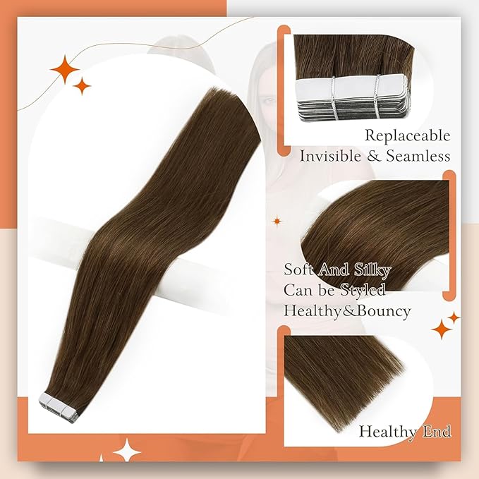 Full Shine Brown Tape in Hair Extensions Color 4 Brown Human Hair Tape in Extensions 24Inch Long Straight Extension 100G Remy Skin Weft 40Pcs Add Volume for Wedding Natural Brazilian