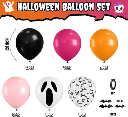 Orange Pink Halloween Balloons, 12 Inch Ghost Balloons, Bat Print Balloon - Image 2