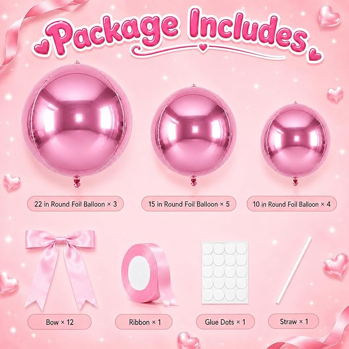 Pink Round Foil Balloons with Satin Bows and Ribbon - Image 2