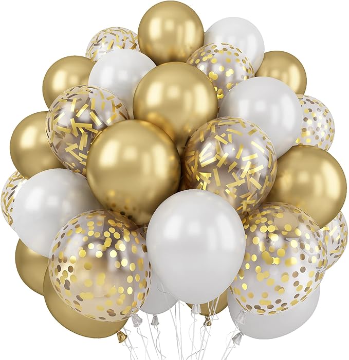 Balloons White and Gold, 60 Packs 12 Inch Metallic Gold Balloons Pearl White by Togvu