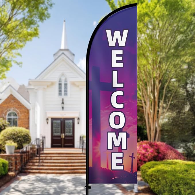 1PC Double Sided Church Welcome Feather Flag - Image 2
