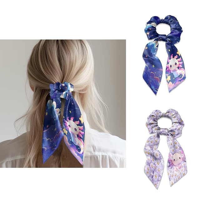 Starry Sky Axolotl Ribbon Bow Elastic Hair Ties for Women Daisy Ribbon Scrunchies Fashion Purple Knotted Bow with Long Tails Pack Of 2