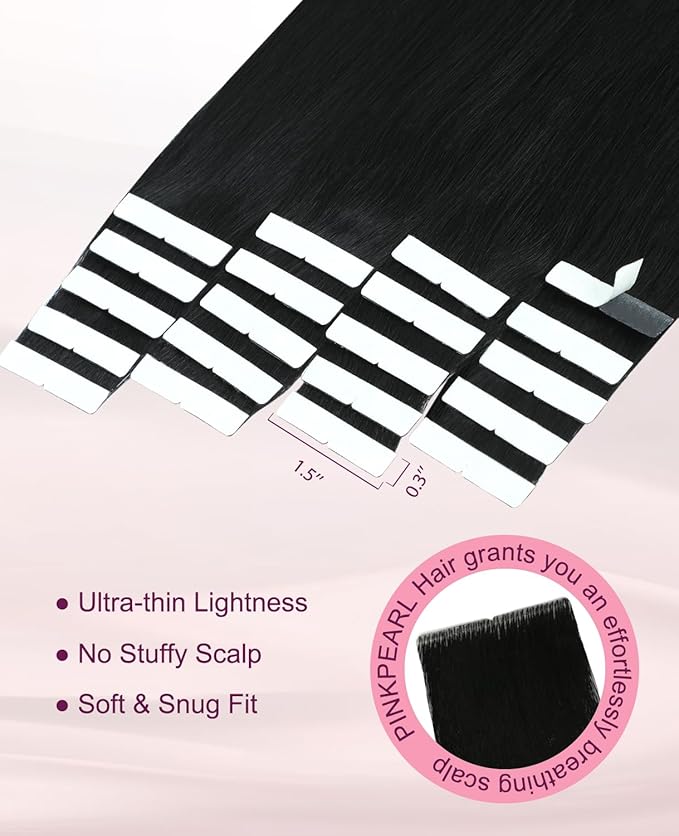 Pinkpearl Invisible Tape in Hair Extensions Human Hair, 20pcs 22inch 60g #1 Jet Black Injection Tape in Extensions Real Remy Straight Seamless Silky Human Hair Injected