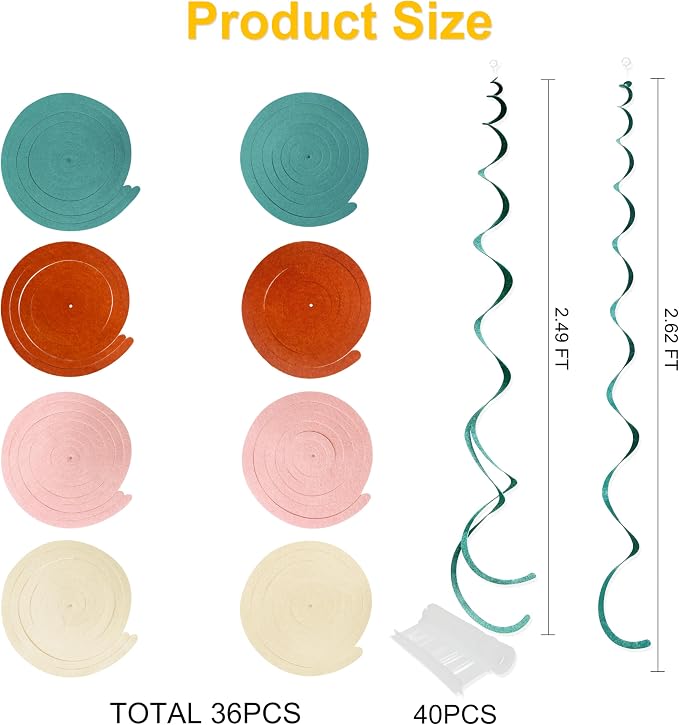 36 Pcs Boho Hanging Swirl Decorations Aqua Green Orange Pink Beige Felt Swirl - Image 2