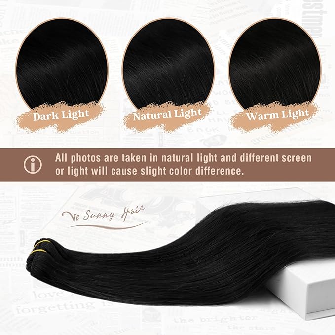 Ve Sunny Clip in Hair Extensions Real Human Hair, Clip on Hair Extensions for Women, Human Hair Clip in Extensions Jet Black Hair Extensions Natural 5pcs 12inch 80g