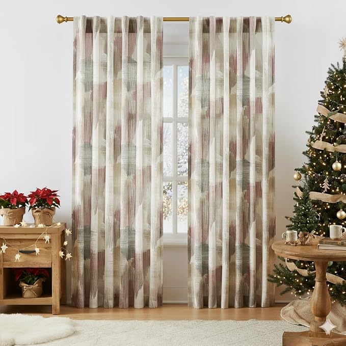 Kayne Studio Red Tan Boho Abstract Rod Pocket Semi Sheer Curtains 84 Inches | - Image 7
