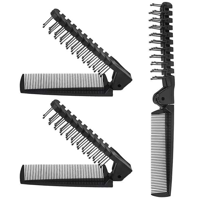 3PCS Travel Foldable Brush, Anti-Static Hair Comb and Double Headed Hairdressing Tool for Men & Women (Black)
