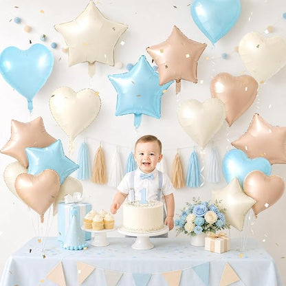 TONIFUL 18 Inch Cream Blue Star and Heart Foil Balloons - Image 3