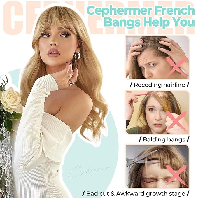 Clip in Bangs, Synthetic French Bangs Hair Clip, Fake Bangs Fringe with Temples Hairpieces for Women Natural Curved Hair Extensions for Daily Wear Ash Blonde