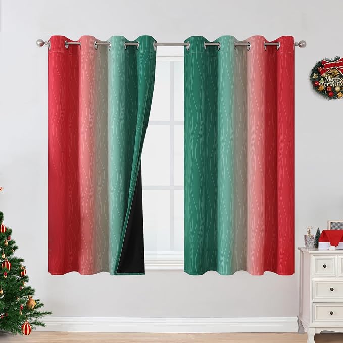 Red and Green Blackout Curtains 45 Inch Length, Full Room Darkening Ombre Drapes by ESTELARTEXTILER