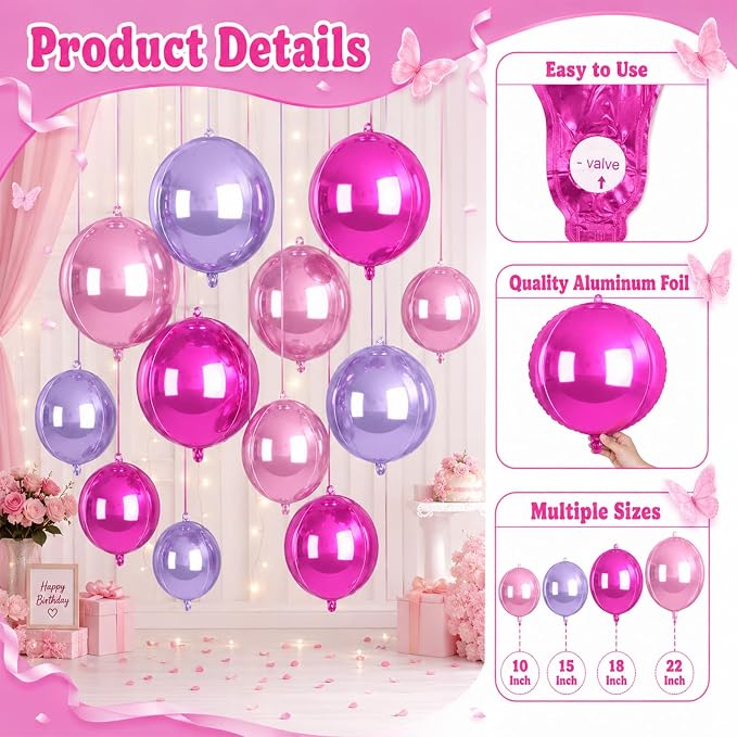 Biapian Pink and Purple Round Balloons Foil, Metallic Hot Pink Purple Balloons - Image 6