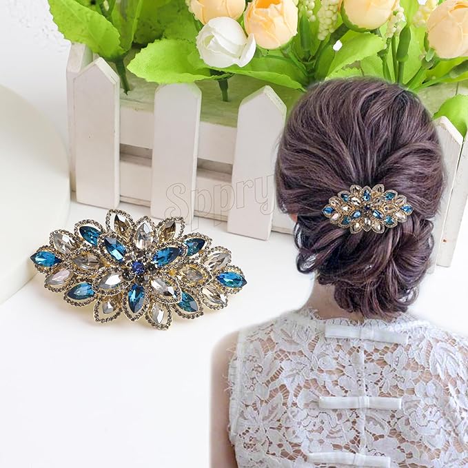 Luxury Gold-plated Rhinestone Hair Barrette for Women, Large Flower Jewelry Design (Navy)