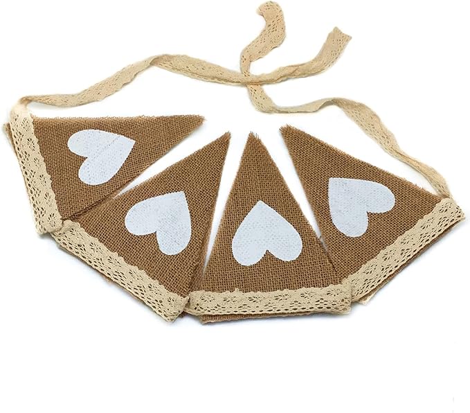 FQTANJU 12Pcs Vintage Heart Jute Burlap Bunting Banner Hessian Flag - Image 3