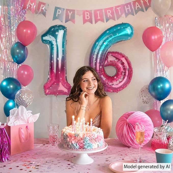 40 Inch Blue Pink Number 16 Balloon, Sweet 16 Ombre Foil Birthday Decor | 40in - Image 5