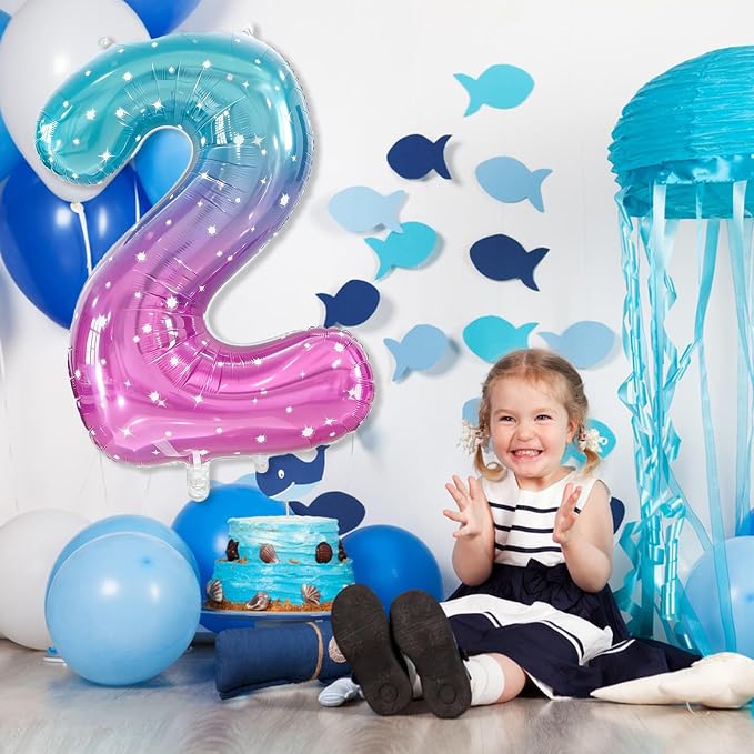 Number 2 Foil Balloon with Crown, 40-Inch Gradient | Gradient star print number - Image 4
