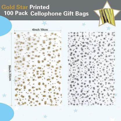 COQOFA 200 Pcs Star Printed 4"X 9" Gift Wrap Cello Cellophane Treat Bags Party - Image 2