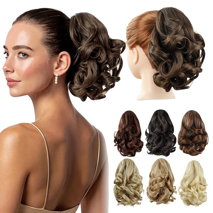 Ponytail Extension,9" Short Curly Wavy Claw Clip in Ponytails Hair Extensions Natural Soft Synthetic Hairpiece for Women - Chestnut Brown