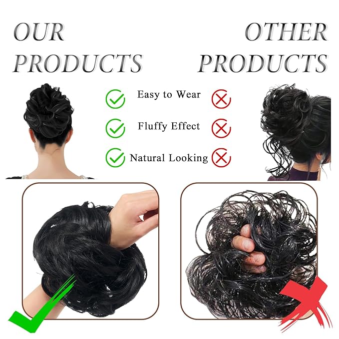 Large Messy Bun Hair Piece Curly Synthetic Extensions Scrunchies Fake Chignon Updo Hairpieces for Women Off Black