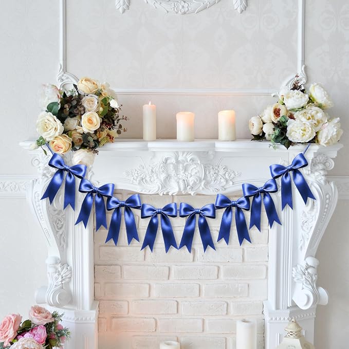 2 Strings of 16PCS Navy Blue Bow Garlands Banner Decoration, Pre-Strung Satin - Image 7