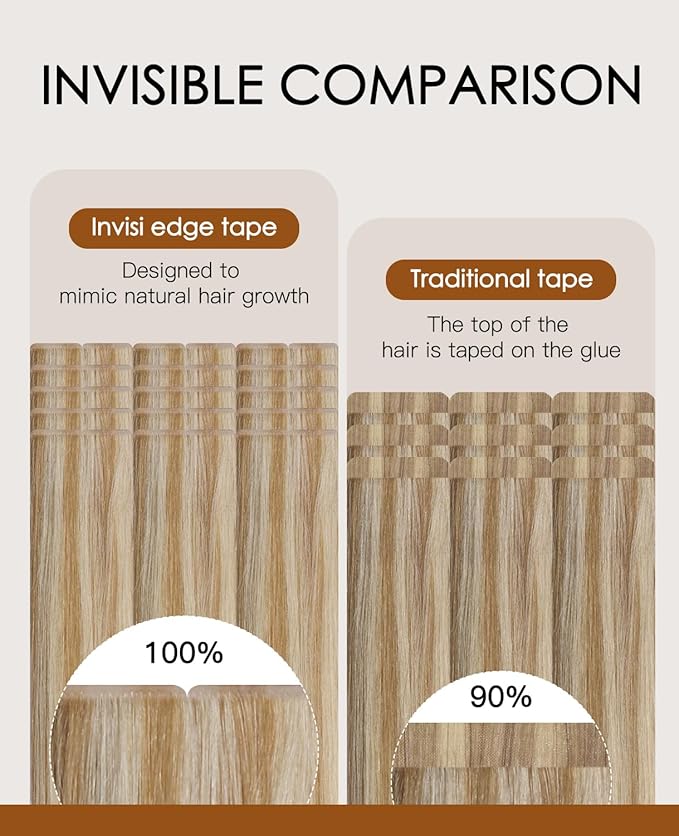 VINBAO 60g Invisi Edge Tape in Hair Extensions Human Hair Light Blonde Highlights Platinum Blonde 22in 20pcs Seamless Injected Tape ins Luxury Remy Hair 22inch #27P60