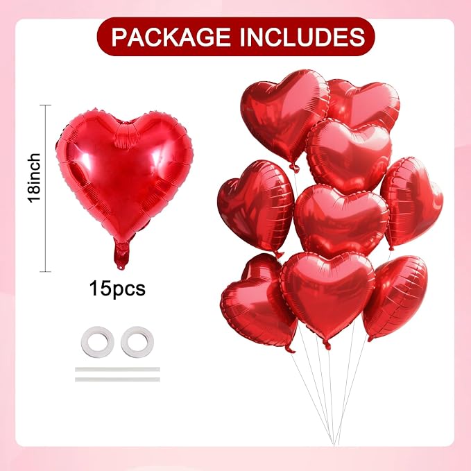 TONIFUL 15 Pcs Red Heart Balloons 18 Inch Heart Shape Foil Mylar Balloons | - Image 2