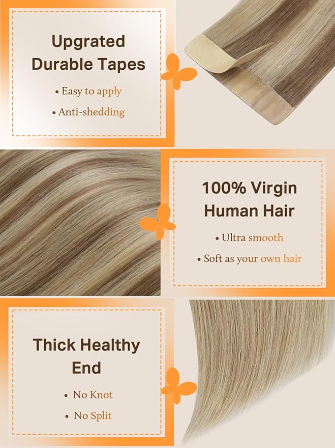 DOORES Hair Extensions Tape in Real Human Hair, Balayage Medium Copper to Sandy Blonde 20 Inch 50g 20pcs, Tape in Extensions Straight Skin Weft Natural Human Thick Ends