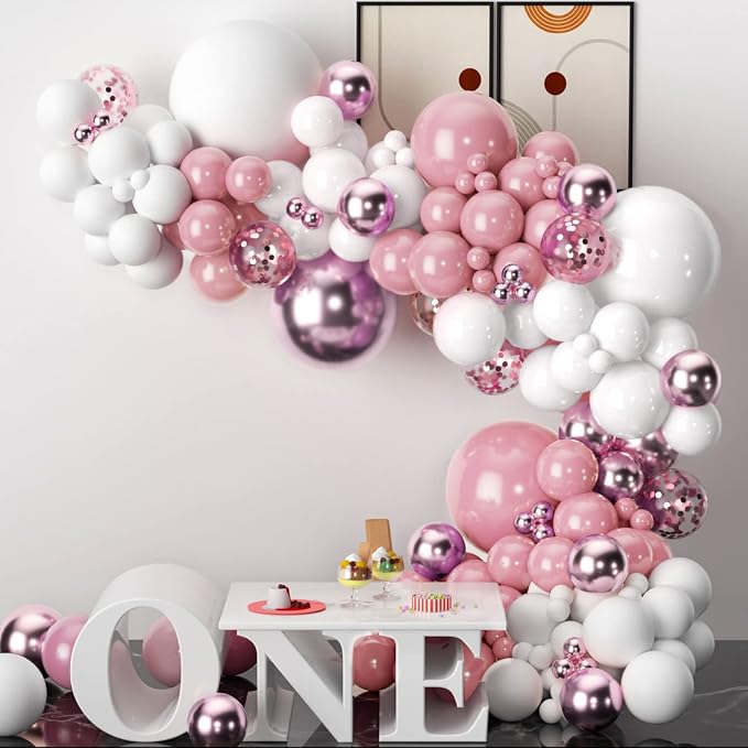 Pink White Balloons Garland Arch Kit 104 PCS Metallic Pink Gold Confetti Latex - Image 6